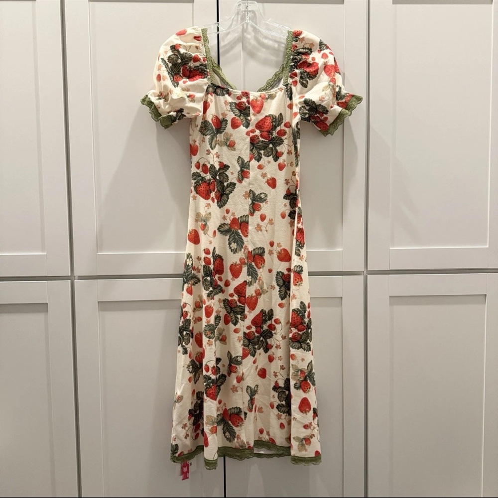 Cider Strawberry Floral Lace Trim Bow Midi Dress Fairy Cottagecore Coquette NEW! - Picture 13 of 16